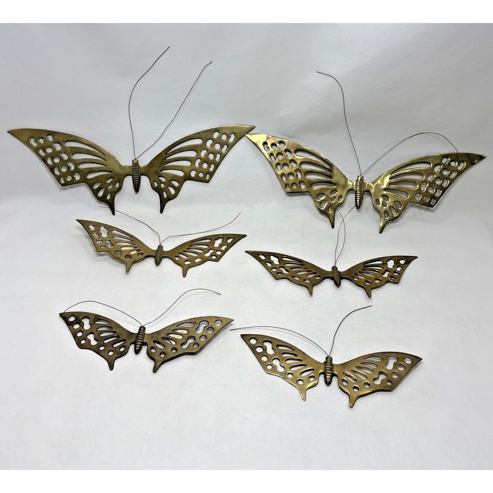 VTG Set of Six Assorted Sized Interpur Brass Butterfly MCM 70s Wall Hanging Boho
